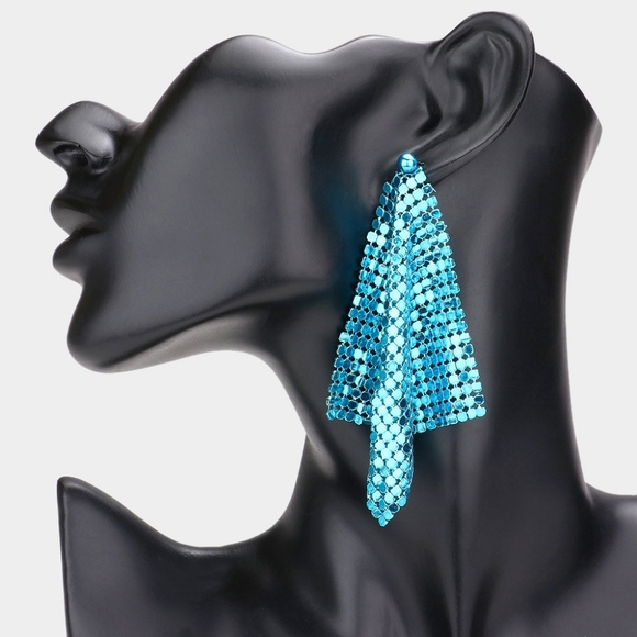 Blue Mesh Chain Dangle Earrings Drop Metal Cute Beautiful Statement Accessory - Picture 1 of 8
